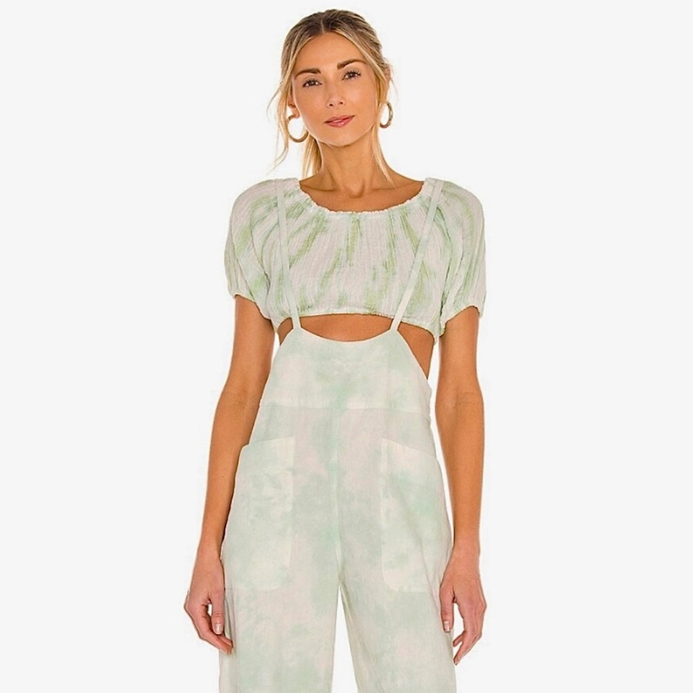 Free People Stroll in Kyoto Tie Dye Crop Top White and Green Off Shoulder or On